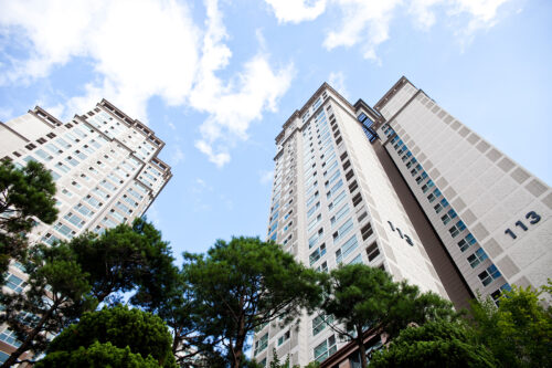 high-rise apartment trees